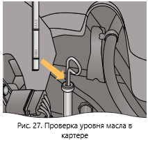 Рис. 27. Проверка уровня масла в картере двигателя